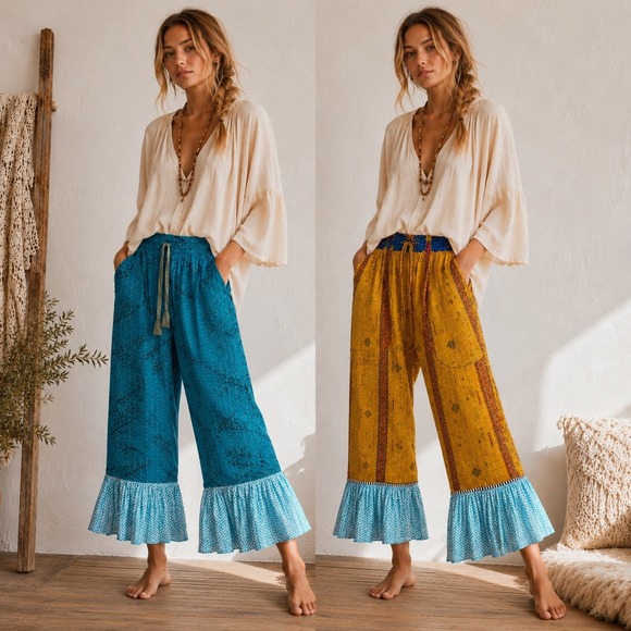 S1OAK Pants - Kantha Patchwork Wide Leg Quilted Bloomer Pants OS Reversible Boho One Of A Kind
